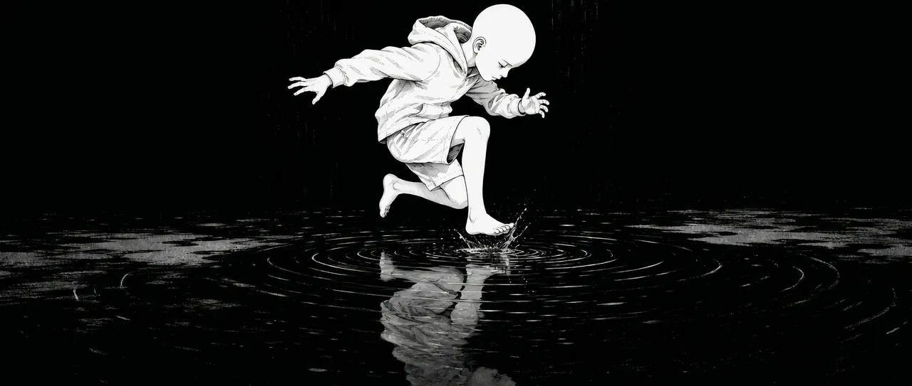 Figure in motion mid-leap above black water, sending ripples across the surface