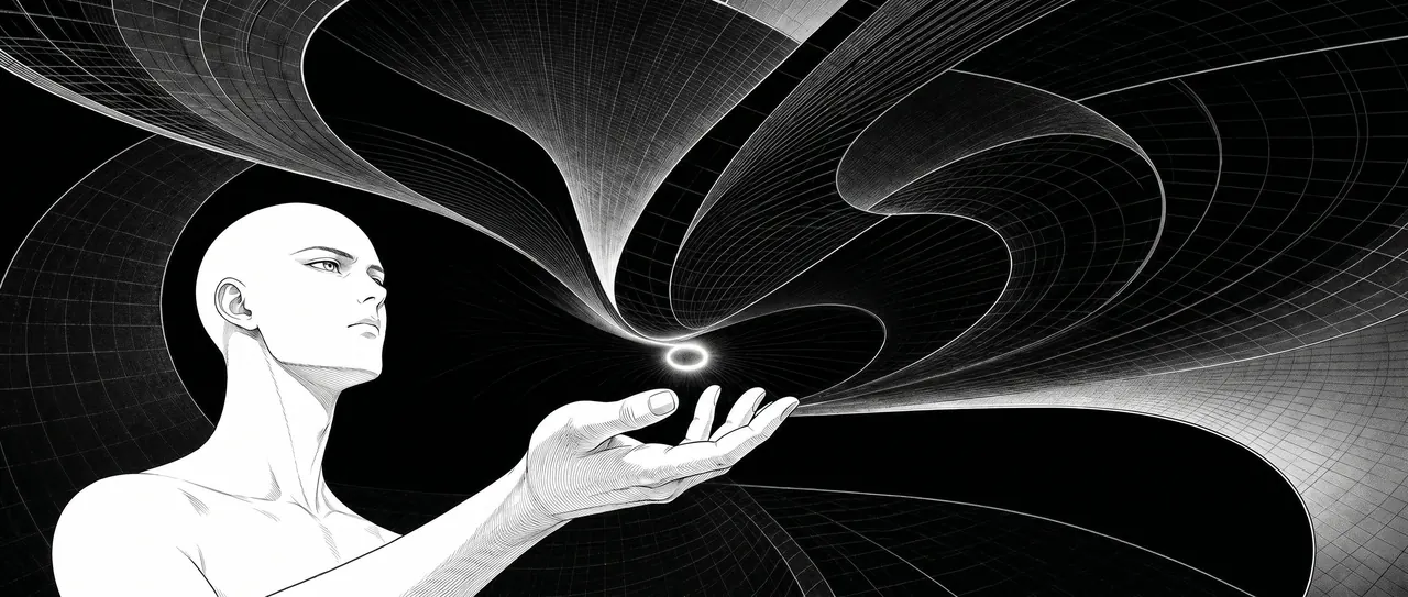 Figure cradling a small luminous point as curved fabric of space arcs above their hand