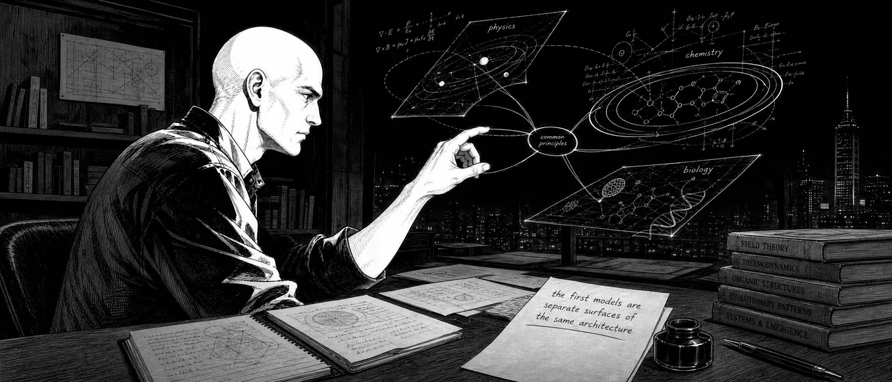 Scholar at a desk holding a small sphere as floating geometric diagrams of multiple disciplines orbit above