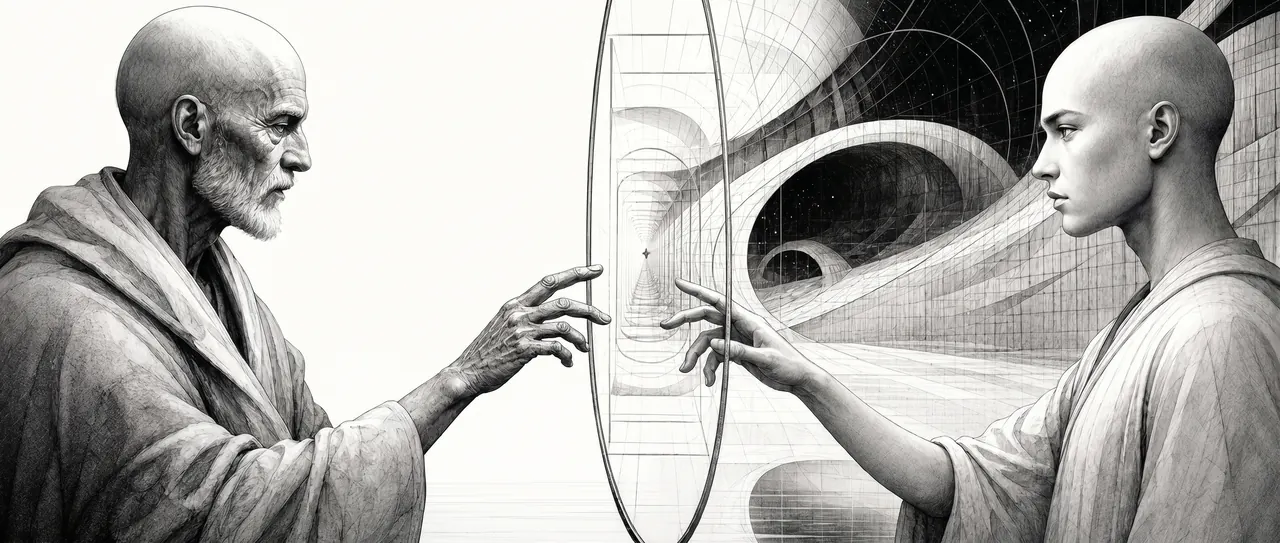 Two figures, older and younger, reaching toward each other through a tall vertical lens