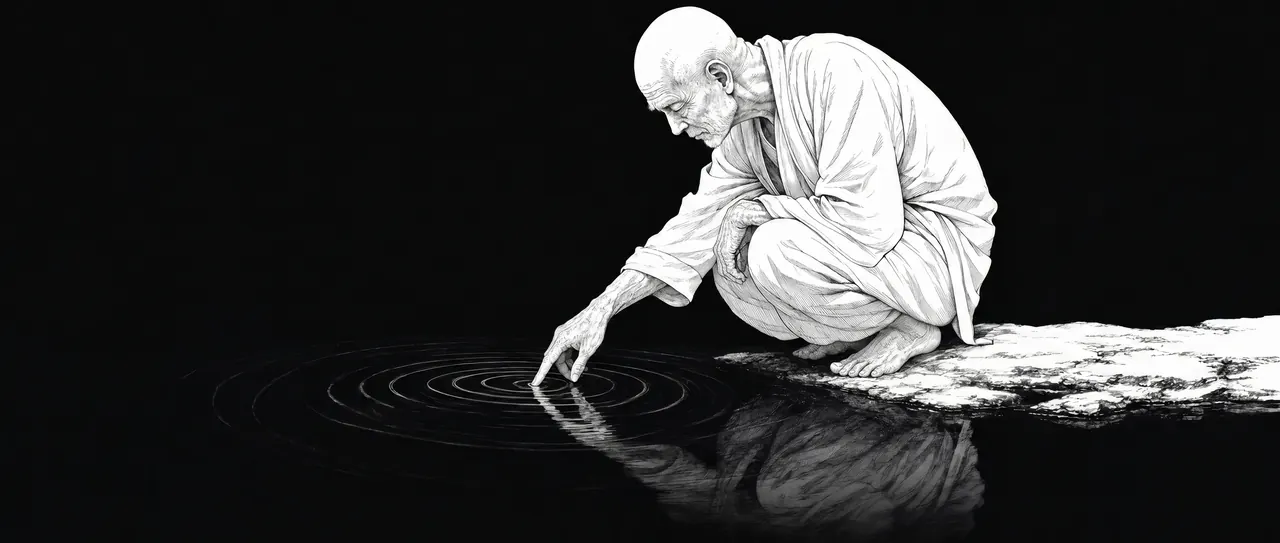 An old figure touching water, sending concentric rings outward